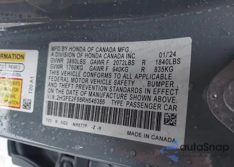 2024 Honda Civic Sport z USA, uszkodzony, nr VIN 2HGFE2F58RH546386